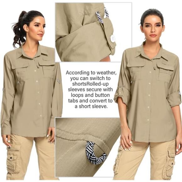 Women's UPF 50+ UV Sun Protection Safari Shirt, Long Sleeve Outdoor Cool Quick - Picture 4 of 7